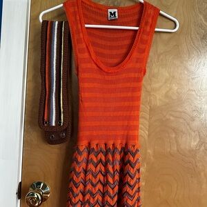 Orange Striped Knit Dress with Belt